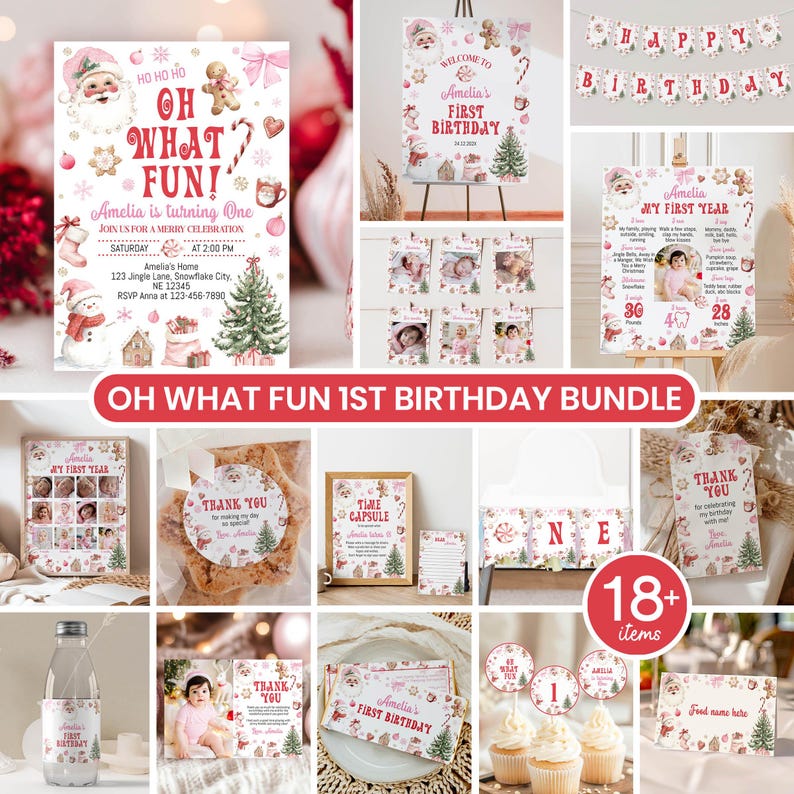Christmas First Birthday Invitation Bundle, Oh What Fun It Is To Be One Invite Kit, Winter Holiday Birthday Package, Instant Download