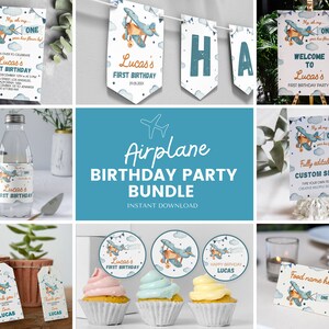 Editable Airplane Birthday Invitation Bundle, Vintage Airplane Birthday Party Kit, Airplane 1st Birthday Set, Printable Template. A001