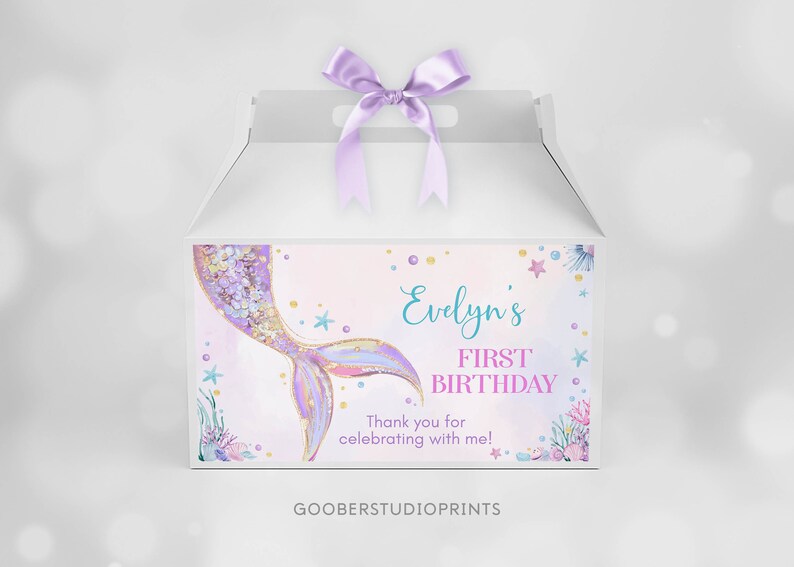 EDITABLE Mermaid Gable Gift Box Label, Pastel Mermaid Birthday Favor ...