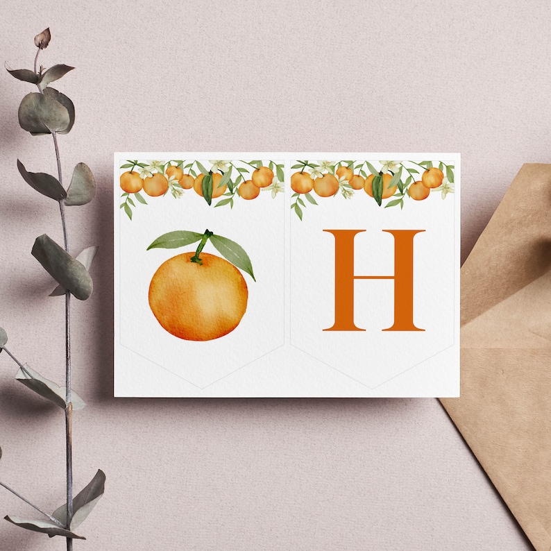 May include: A rectangular white card featuring two pennant-shaped sections. The left section displays a watercolor orange with green leaves, while the right section features a large, bold, orange-colored capital letter H.