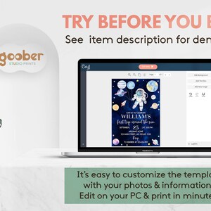 Pu&ograve; includere: Un computer portatile che mostra un modello di invito digitale a tema spaziale con un astronauta, pianeti e stelle. Il testo recita TRY BEFORE YOU BUY! See item description for demo link. It's easy to customize the template with your photos & information. Edit on your PC & print in minutes.