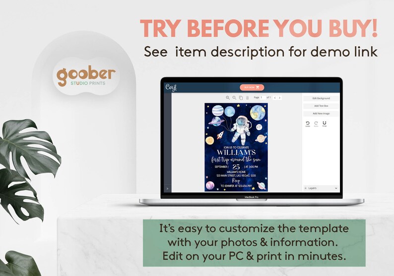 Pu&ograve; includere: Un computer portatile che mostra un modello di invito digitale a tema spaziale con un astronauta, pianeti e stelle. Il testo recita TRY BEFORE YOU BUY! See item description for demo link. It's easy to customize the template with your photos & information. Edit on your PC & print in minutes.