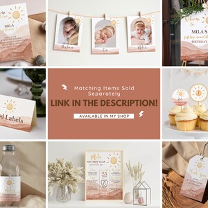 May include: A set of printable party decorations for a first birthday with a sun and desert theme. The decorations include a welcome sign, food labels, cupcake toppers, a water bottle label, a thank you tag, and a printable poster with a milestone chart. The colour scheme is peach, brown, and yellow.
