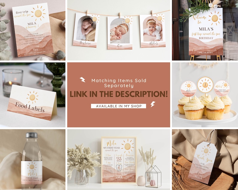 May include: A set of printable party decorations for a first birthday with a sun and desert theme. The decorations include a welcome sign, food labels, cupcake toppers, a water bottle label, a thank you tag, and a printable poster with a milestone chart. The colour scheme is peach, brown, and yellow.
