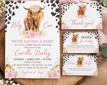 May include: A baby shower invitation set featuring a watercolor highland cow and calf with pink floral accents and a black and white cow print border. The text includes Holy Cow, We're Having a Baby, Camilla Harley, March 10th, Thank You, Books for Baby, and Diaper Raffle.