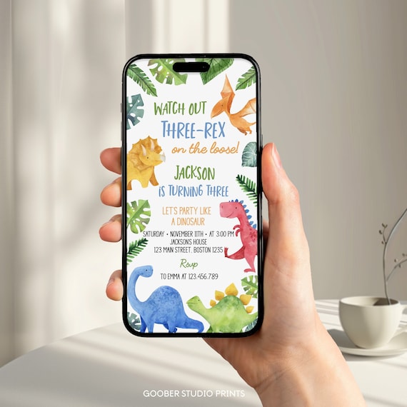 Editable Dinosaur Electronic Invitation Template, Three-rex Birthday Phone Invitation, Dinosaur Birthday Evite, Electronic Invitation, D006.