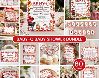 Baby-Q Baby Shower Invitation Bundle | BBQ Baby Shower Kit | Printable Red Gingham Backyard Baby Shower Decor Games Set Template. B025