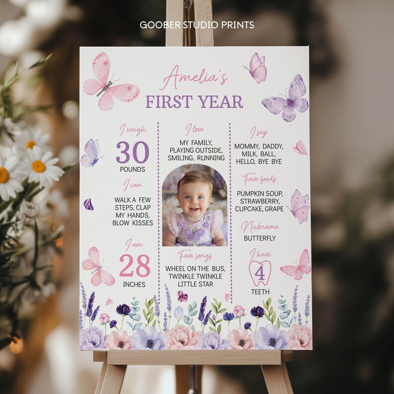 Puede incluir: Un cartel de hitos del primer cumplea&ntilde;os en rosa y morado con mariposas, flores y una foto de una ni&ntilde;a. El cartel enumera la edad, el peso, la altura, los alimentos favoritos, las canciones y las palabras de la ni&ntilde;a. El cartel tambi&eacute;n incluye el apodo de la ni&ntilde;a, "Butterfly".