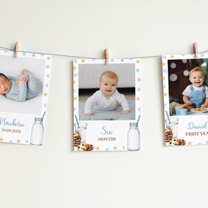 May include: Three photos of a baby boy at different ages, with a blue and gold polka dot background. The photos are labelled "Newborn 28.08.2022", "Six Months", and "Daniel's First Year".