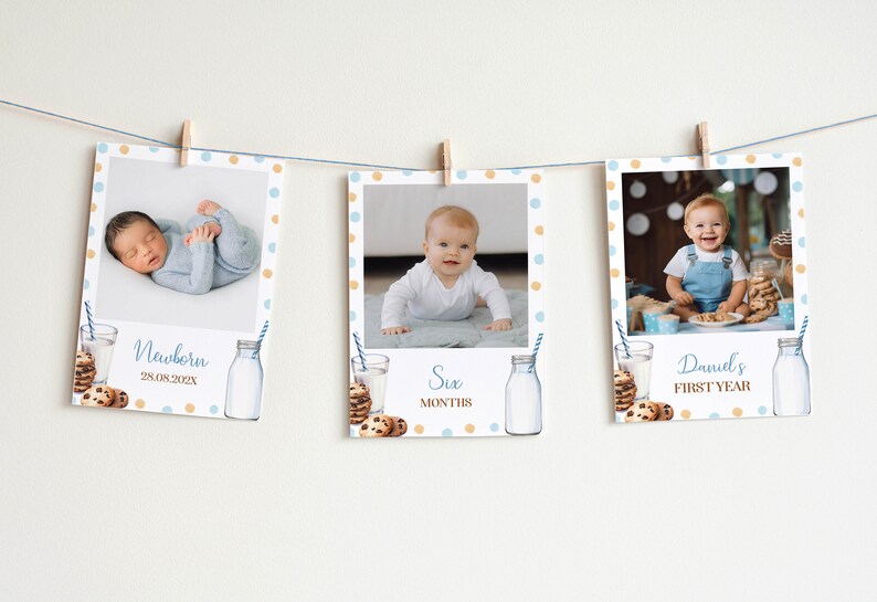May include: Three photos of a baby boy at different ages, with a blue and gold polka dot background. The photos are labelled "Newborn 28.08.2022", "Six Months", and "Daniel's First Year".