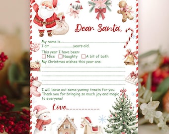 Brief aan de kerstman, kerstwensenlijst afdrukbaar voor kinderen, kerstactiviteit, digitale sjabloon.