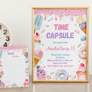 Plantilla de cápsula del tiempo para un dulce cumpleaños editable, letrero de cápsula del tiempo para un dulce cumpleaños con forma de donut, juego de cápsulas del tiempo para un dulce cumpleaños, descarga instantánea. S023