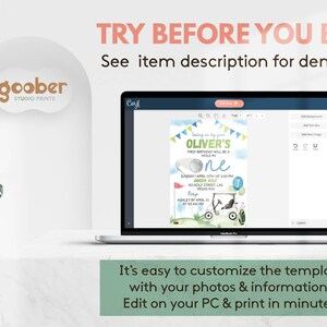 May include: A laptop screen displaying a customizable golf-themed birthday invitation template with blue and green bunting, a golf cart, and the text "OLIVER'S FIRST BIRTHDAY WILL BE A HOLE IN ONE". The screen shows editing tools and a demo link.