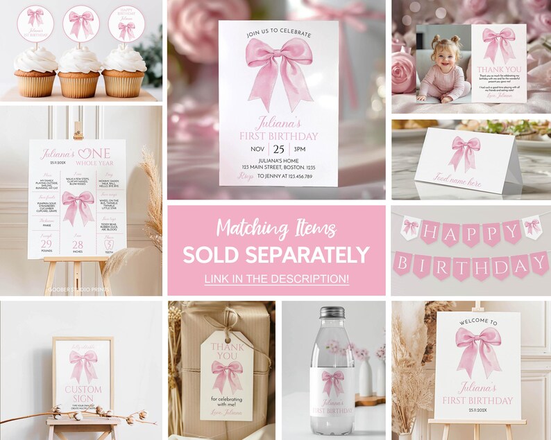 May include: A collection of pink bow-themed party stationery including a birthday invitation, thank you card, milestone sign, welcome sign, cupcake toppers, gift tag, water bottle label, and a banner with the text Happy Birthday.