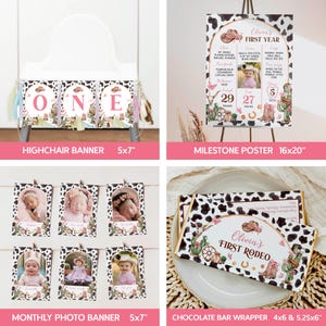 May include: A collection of western-themed party decorations featuring cow print and pink accents. Includes a 5x7 inch highchair banner, a 16x20 inch milestone poster, a monthly photo banner with 5x7 inch cards, and 4x5.25 inch chocolate bar wrappers.