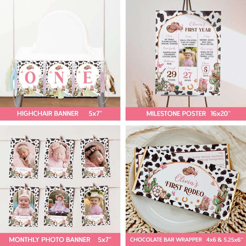 May include: A collection of western-themed party decorations featuring cow print and pink accents. Includes a 5x7 inch highchair banner, a 16x20 inch milestone poster, a monthly photo banner with 5x7 inch cards, and 4x5.25 inch chocolate bar wrappers.
