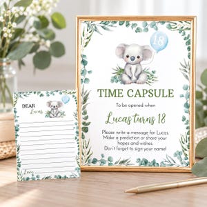 REDIGERBAR Koalas 1-årsdags-tidskapselmall, Koala-fest-tidskapselkort, australiskt djur-födelsedagsminnessak, utskrivbar. K001 bild 1