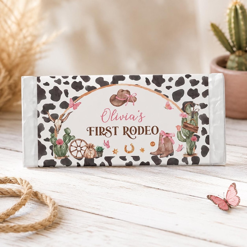 REDIGERBAR Cowgirl Födelsedagsfest Chokladpapper, Vilda Västern 1-årsdag Chokladkakapapper, Första Rodeo Party Favors, Utskrivbar C011 bild 1