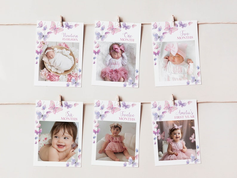 May include: A set of six photo cards with a watercolor butterfly design. Each card features a different photo of a baby girl at different ages, from newborn to one year old. The cards are decorated with purple and pink butterflies and have text indicating the baby's age, such as "Newborn", "One Month", "Two Months", "Six Months", "Twelve Months", and "Amelia's First Year".