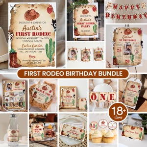 Paquete de invitaciones editables para mi primer cumpleaños de rodeo, kit para fiesta de primer cumpleaños de vaquero, paquete de decoración para cumpleaños del oeste, descarga instantánea. R007 imagen 1