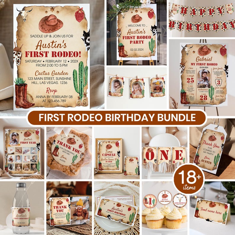 Paquete de invitaciones editables para mi primer cumpleaños de rodeo, kit para fiesta de primer cumpleaños de vaquero, paquete de decoración para cumpleaños del oeste, descarga instantánea. R007 imagen 1