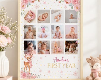 Peut inclure: Un cadre en bois clair contenant un pêle-mêle photo rectangulaire avec douze portraits de bébé disposés en grille. Le design présente des illustrations de fleurs roses, des points dorés, des flocons et un faon avec le texte Amelia's FIRST YEAR.