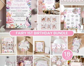 Editable Fairy Birthday Invitation Bundle, Fairy First Birthday Party Decorations Set, Fairy 1st Birthday Kit Package, Instant Download F015