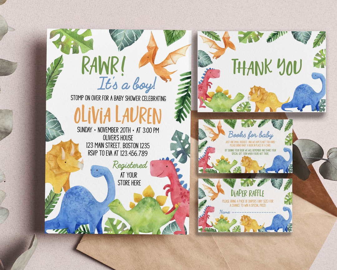 EDITABLE Dinosaur Baby Shower Invitation Bundle, Watercolor Dinosaur Baby Shower Invite Set