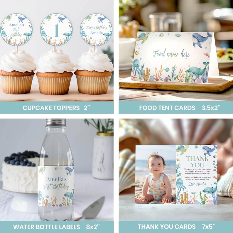 May include: Under the sea themed printable party decorations for a first birthday. Includes cupcake toppers, food tent cards, water bottle labels, and thank you cards. The designs feature a blue whale, coral, and other sea creatures. The text on the cards says "Amelia's First Birthday" and "Thank You".