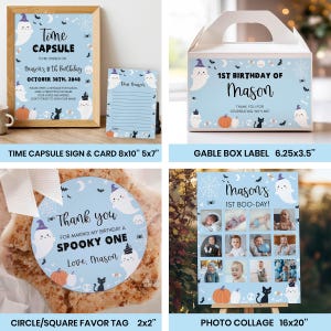 May include: A collection of Halloween-themed party stationery featuring ghosts, pumpkins, and black cats on a light blue background. Items include a time capsule sign, a gable box label, a circular favor tag, and a photo collage poster.