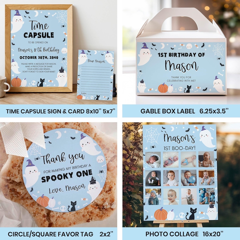 May include: A collection of Halloween-themed party stationery featuring ghosts, pumpkins, and black cats on a light blue background. Items include a time capsule sign, a gable box label, a circular favor tag, and a photo collage poster.