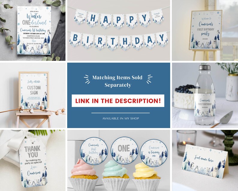 Pu&ograve; includere: Una collezione di decorazioni per feste a tema invernale con orsi polari e pinguini, che include un invito di compleanno, uno striscione di buon compleanno, cartelli di benvenuto, etichette per bottiglie, etichette regalo e decorazioni.
