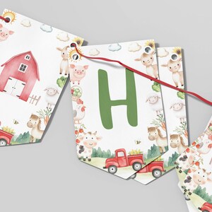 May include: A decorative banner featuring white pennants strung on a red cord. Each pennant displays watercolour illustrations of a red barn, a red truck, farm animals, and suns. One central pennant features a large green letter H in the middle.