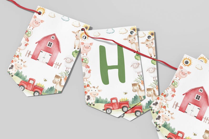 May include: A decorative banner featuring white pennants strung on a red cord. Each pennant displays watercolour illustrations of a red barn, a red truck, farm animals, and suns. One central pennant features a large green letter H in the middle.