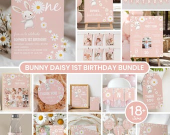 May include: A bunny and daisy themed first birthday party decoration bundle in soft pink. Includes invitations, welcome signs, photo displays, banners, thank you tags, and water bottle labels featuring white daisies and a cartoon bunny illustration.