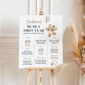 May include: A white milestone birthday sign featuring a brown teddy bear illustration, a balloon with the number 1, and text detailing Jackson's first year, including weight of 29 pounds, height of 28 inches, favorite foods, songs, and toys.
