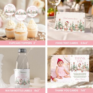 May include: A set of party supplies featuring a winter woodland theme with illustrations of forest animals in holiday attire. Includes three 2-inch round cupcake toppers, a 3.5x2-inch food tent card, an 8x2-inch water bottle label, and a 7x5-inch thank you card.