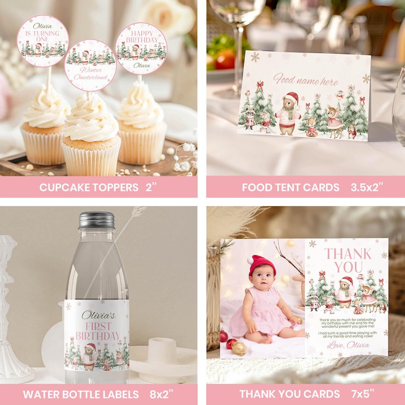 May include: A set of party supplies featuring a winter woodland theme with illustrations of forest animals in holiday attire. Includes three 2-inch round cupcake toppers, a 3.5x2-inch food tent card, an 8x2-inch water bottle label, and a 7x5-inch thank you card.