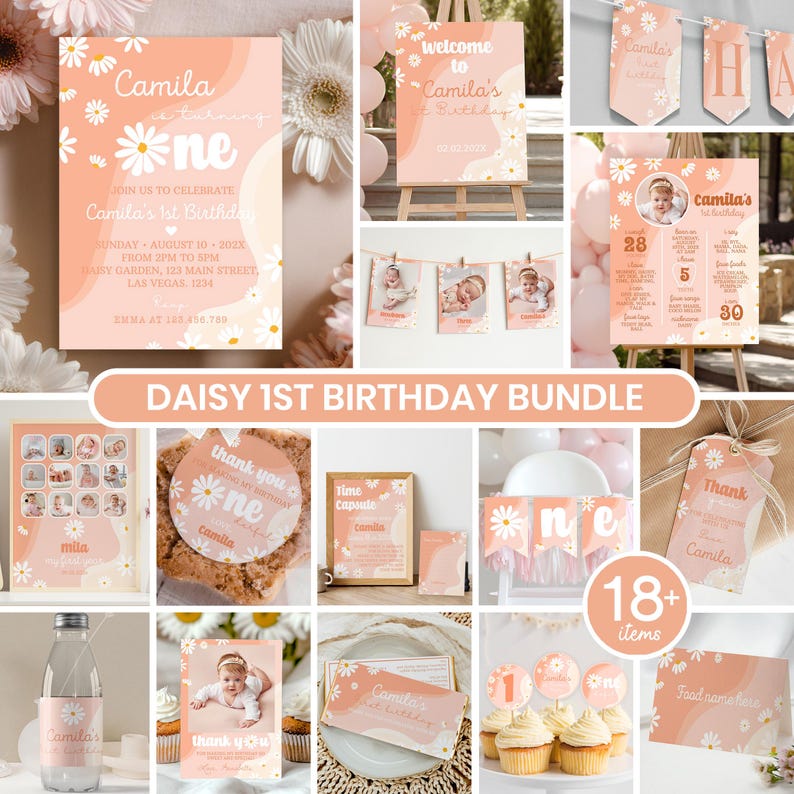 K&ouml;nnte beinhalten: Eine Sammlung von Partyzubeh&ouml;r zum Thema G&auml;nsebl&uuml;mchen f&uuml;r einen ersten Geburtstag, darunter Einladungen, Banner, Cupcake-Topper und Dankeskarten. Das Farbschema ist Pfirsich und Wei&szlig;, mit dem Namen "Camila".