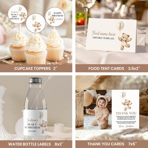 K&ouml;nnte beinhalten: Ein Set mit druckbaren Partydekorationen f&uuml;r einen ersten Geburtstag mit einem B&auml;ren-Thema. Das Set beinhaltet Cupcake-Topper, Essenskarten, Wasserflaschenetiketten und Dankeskarten. Die Dekorationen zeigen einen braunen B&auml;ren, der einen Ballon mit der Nummer eins h&auml;lt. Der Text auf den Dekorationen lautet "Jackson's Bear-Y 1st Birthday".