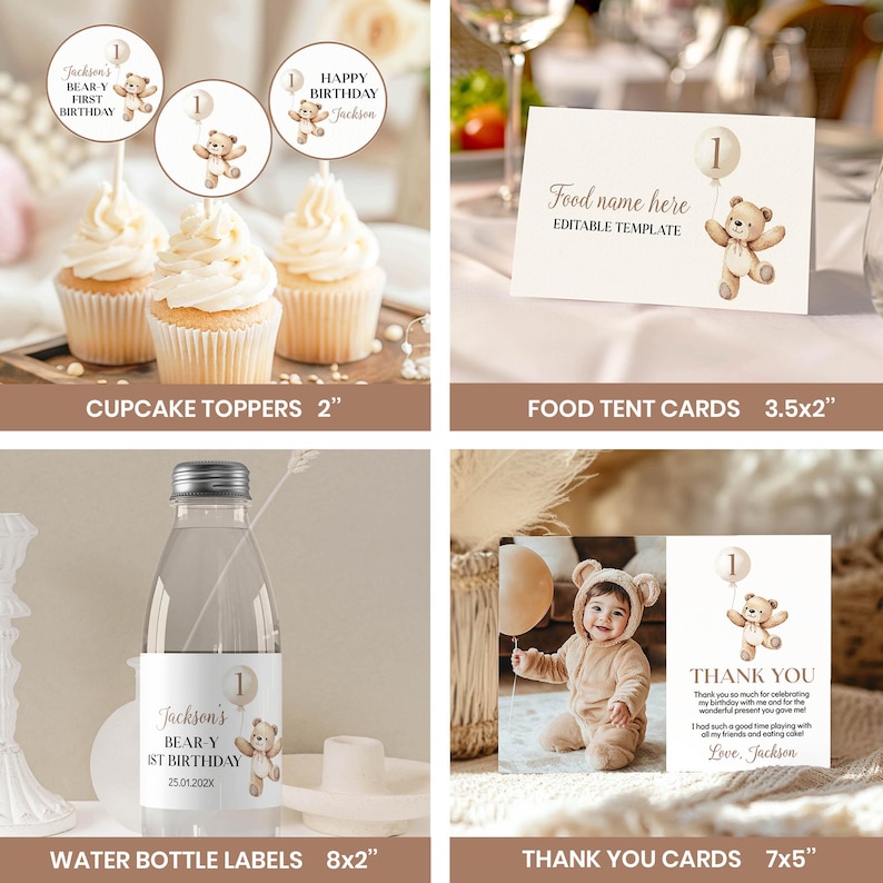 K&ouml;nnte beinhalten: Ein Set mit druckbaren Partydekorationen f&uuml;r einen ersten Geburtstag mit einem B&auml;ren-Thema. Das Set beinhaltet Cupcake-Topper, Essenskarten, Wasserflaschenetiketten und Dankeskarten. Die Dekorationen zeigen einen braunen B&auml;ren, der einen Ballon mit der Nummer eins h&auml;lt. Der Text auf den Dekorationen lautet "Jackson's Bear-Y 1st Birthday".