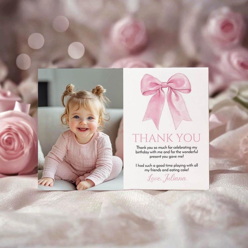 EDITABLE Pink Bow 1st Birthday Thank You Card, Minimal Pink First Birthday Picture Thank You Card, Girl Birthday Party, Printable