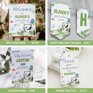 May include: A collection of golf-themed party stationery including a 16x20 inch welcome sign, an 8x5.2 inch birthday banner, an 8x10 inch custom sign, and a 2x3.5 inch thank you tag, all featuring watercolor golf carts and blue balloons.