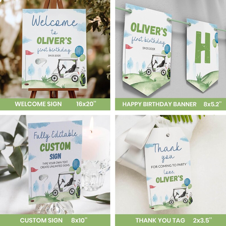 May include: A collection of golf-themed party stationery including a 16x20 inch welcome sign, an 8x5.2 inch birthday banner, an 8x10 inch custom sign, and a 2x3.5 inch thank you tag, all featuring watercolor golf carts and blue balloons.