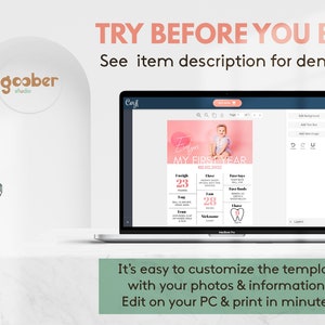 May include: A laptop screen displaying a customizable pink and white baby milestone template with the text TRY BEFORE YOU BUY! See item description for demo link and It's easy to customize the template with your photos & information. Edit on your PC & print in minutes.
