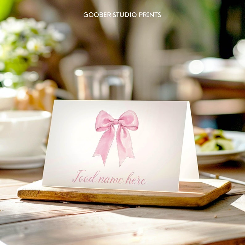 EDITABLE Pink Bow Birthday Tent Card, Girl Birthday Decoration Place Cards, Blush Pink Party Decor Buffet Labels, Printable