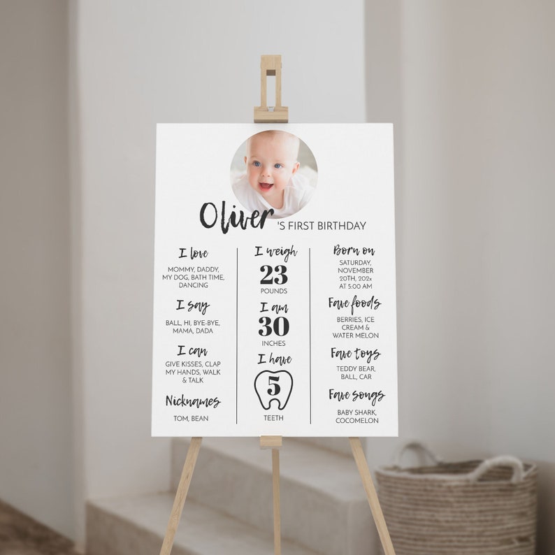 May include: A white and black first birthday poster with a photo of a baby boy. The poster includes the baby's name, Oliver, and details about his first year, including his weight, height, favorite foods, toys, and songs.