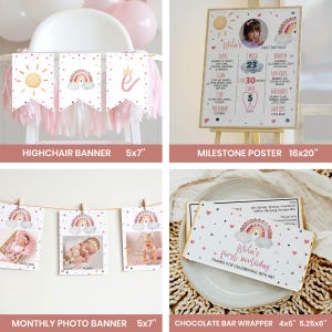 May include: Party decorations including a highchair banner, milestone poster, monthly photo banner, and chocolate bar wrapper. The highchair banner has sun, rainbow, and crown designs. The milestone poster is 40.6 x 50.8 cm. The chocolate bar wrapper is 10.2 x 15.2 cm.