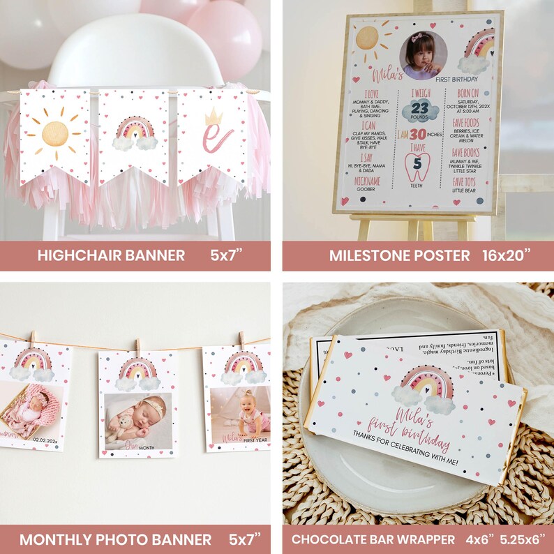 May include: Party decorations including a highchair banner, milestone poster, monthly photo banner, and chocolate bar wrapper. The highchair banner has sun, rainbow, and crown designs. The milestone poster is 40.6 x 50.8 cm. The chocolate bar wrapper is 10.2 x 15.2 cm.