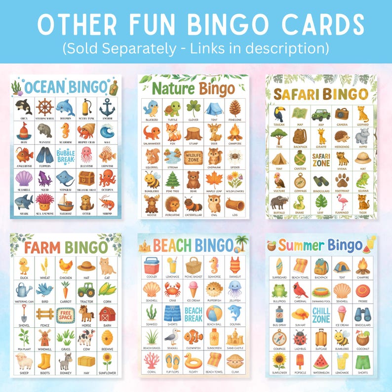 May include: Six illustrated bingo cards with themes like ocean, nature, safari, farm, beach, and summer. Each card displays themed images and the text "OTHER FUN BINGO CARDS". The cards are sold separately.